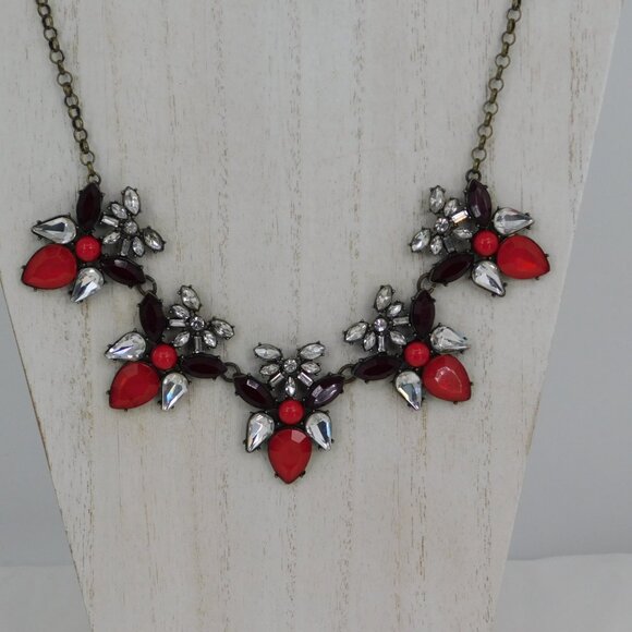 Talbots Jewelry - Talbots Red Clear Rhinestone Crystal Acrylic Bead Statement Bib Necklace New Tag
